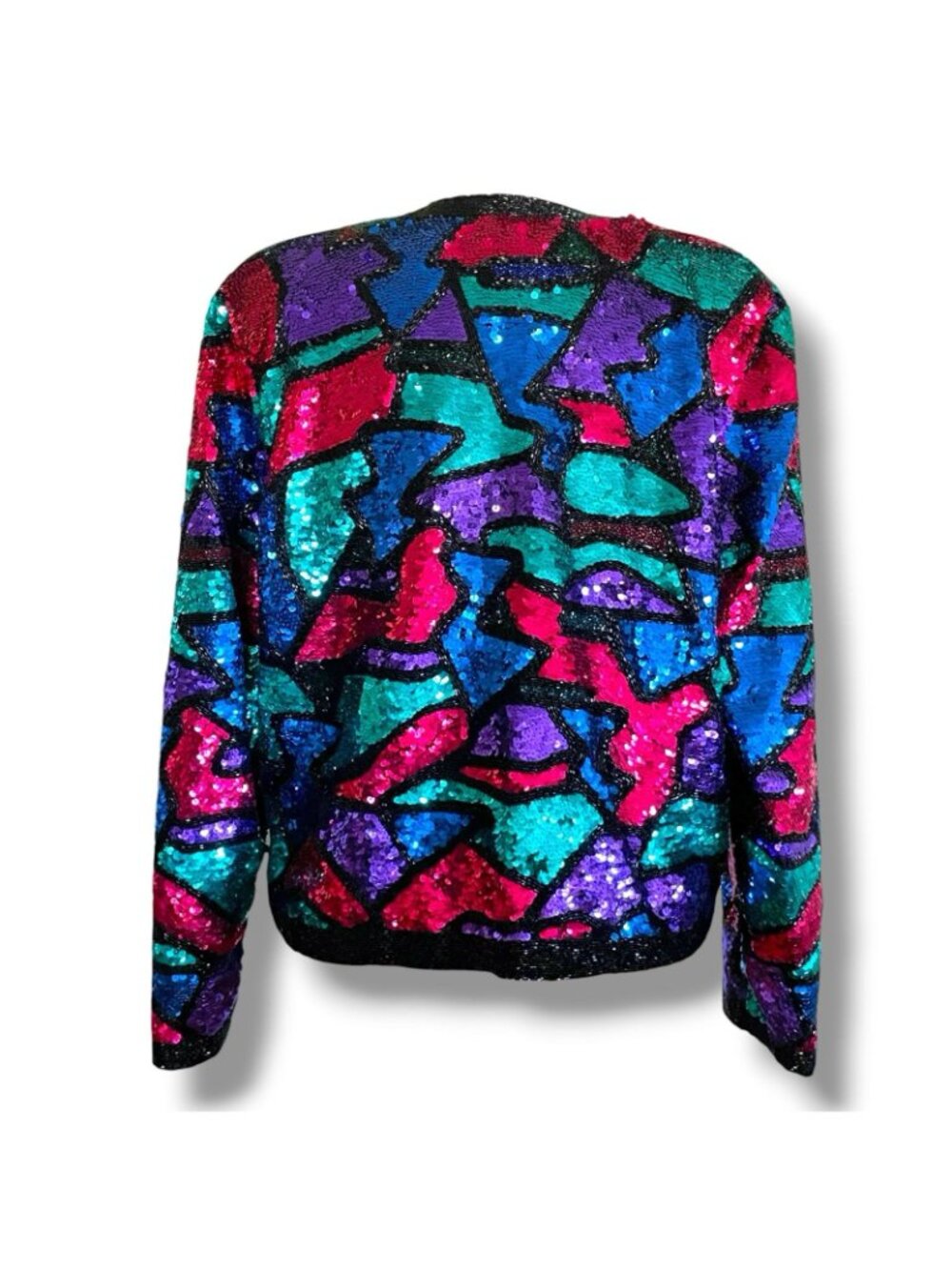Vintage Oleg Cassini Black Tie Jacket Sz Large Jewel Tone Beaded Sequin Silk - Picture 8 of 10